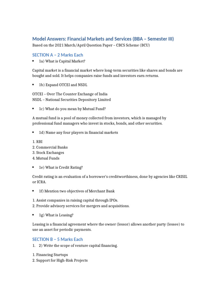 Model Answers: Financial Markets BBA | PDF