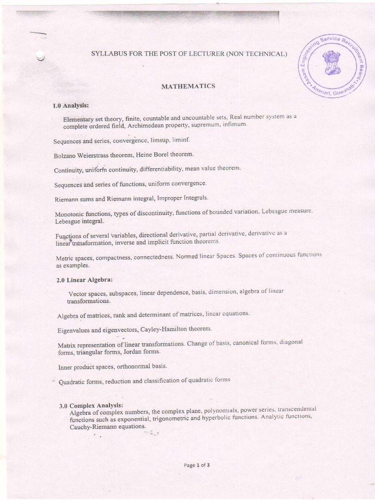 Syllabus for Lecturer in Mathematics | PDF | Field (Mathematics ...