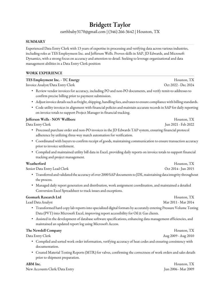 Taylor B. Data Entry Clerk II Resume | PDF | Invoice | Microsoft Excel