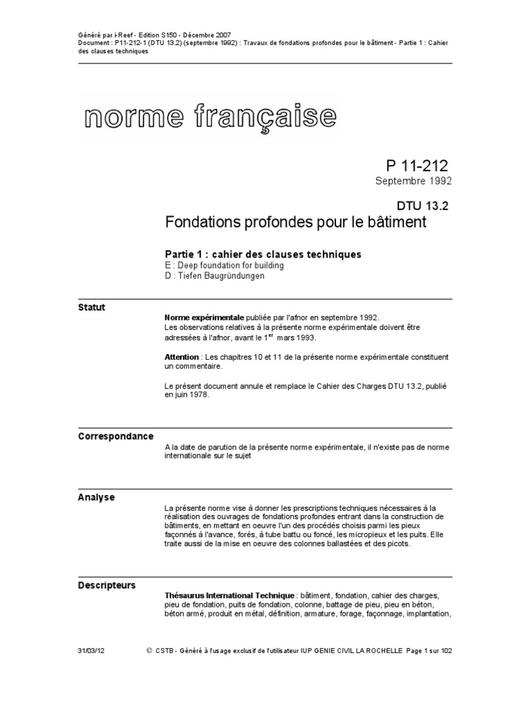 DTU 13.2 Partie 1 - P 11-212 Cahier Des Clauses Techniques | PDF ...
