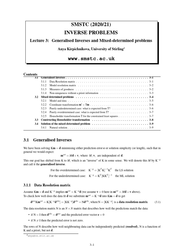 Generalized Inverses in Inverse Problems | PDF | Vector Space | Inverse ...