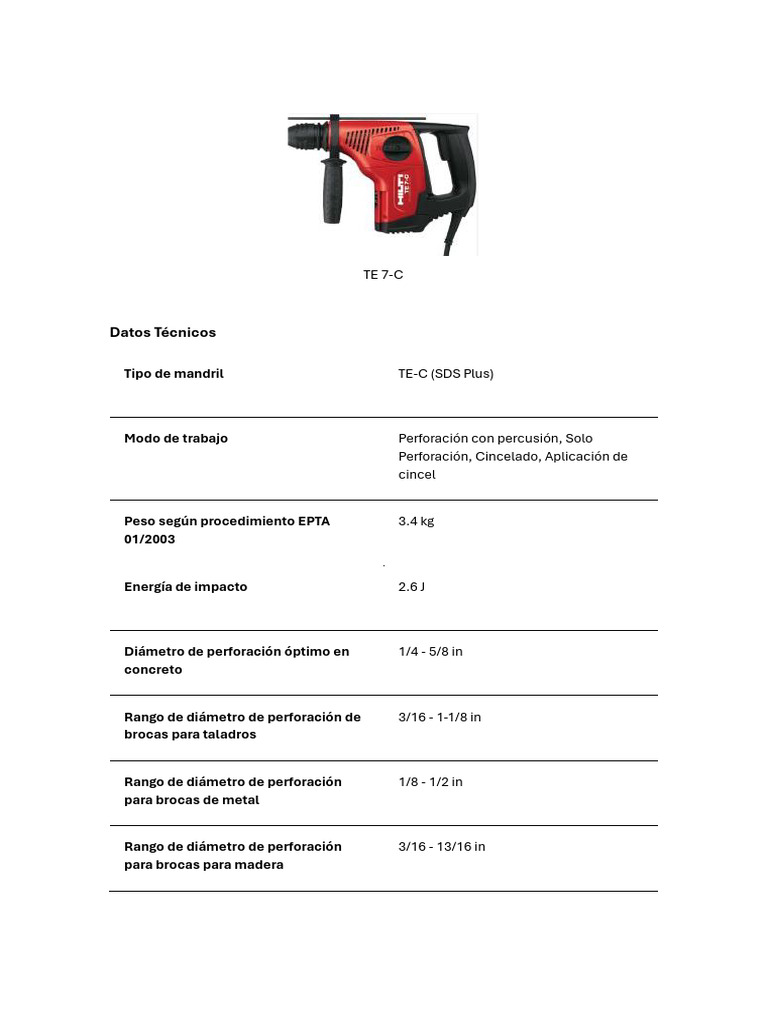 Taladro Hilti TE 7-C: Datos Técnicos | PDF | Perforación