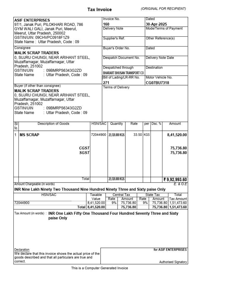 Tax Invoice for MS Scrap Transaction | PDF | Payments | Government Finances