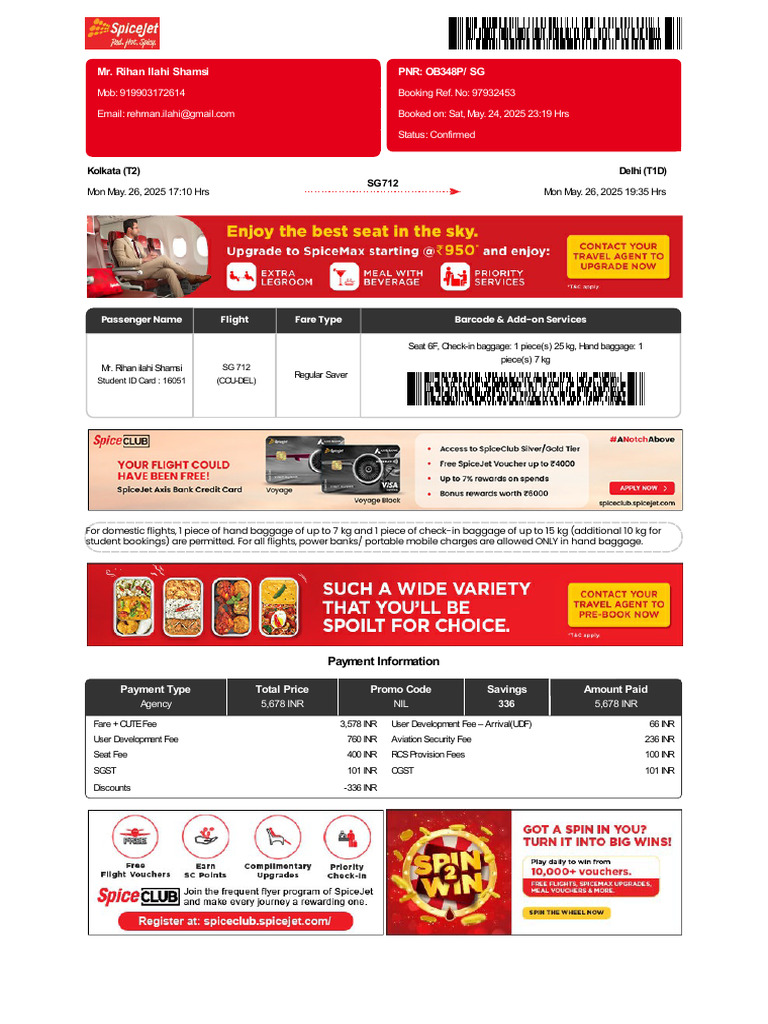 SpiceJet Flight Booking Details and Policies | PDF | Credit Card