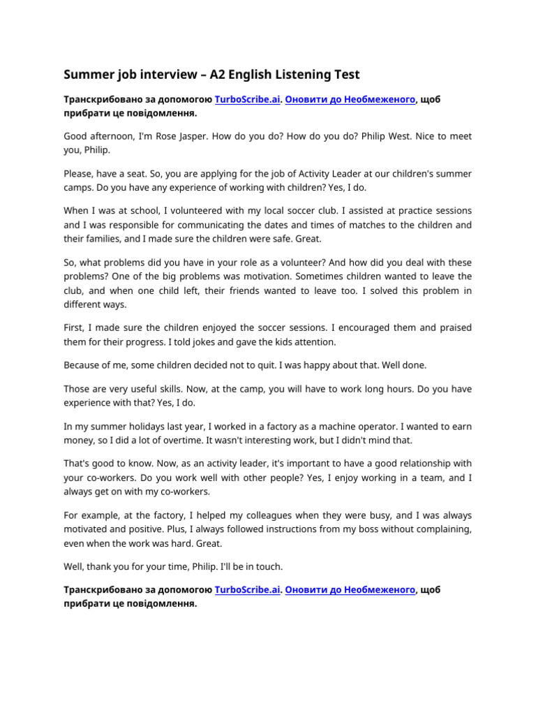 Summer Job Interview - A2 English Listening Test | PDF