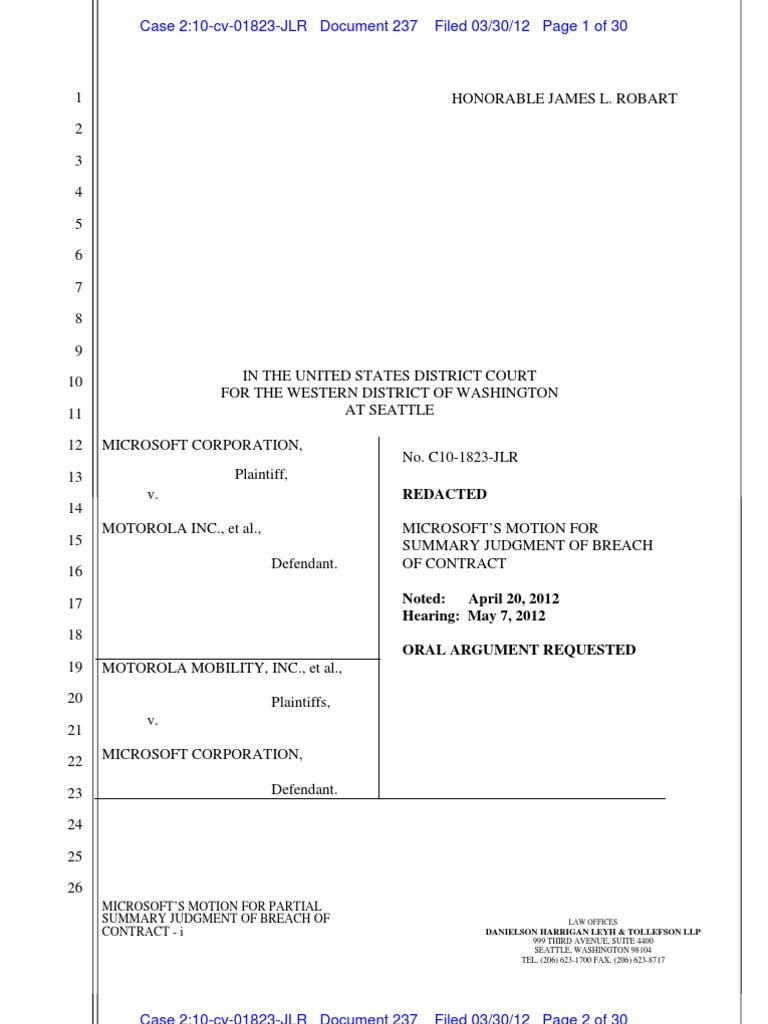 120330 Microsoft Motion For Partial Summary Judgment Against Motorola