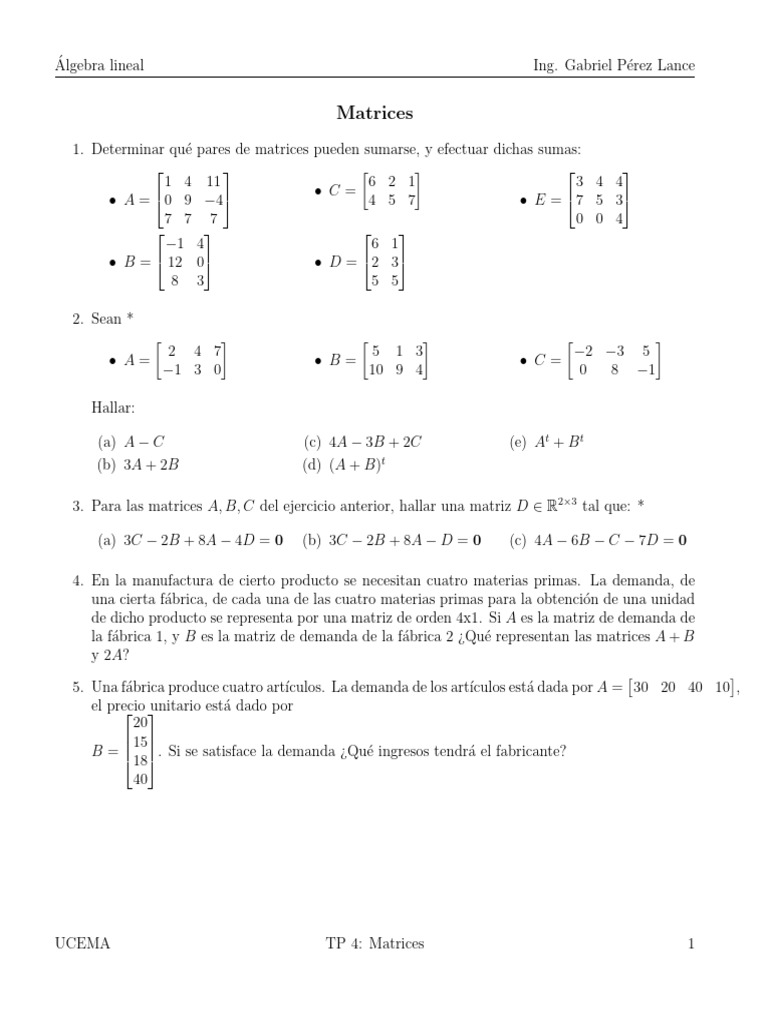 Operaciones y Propiedades de Matrices | PDF | Matriz (Matemáticas ...