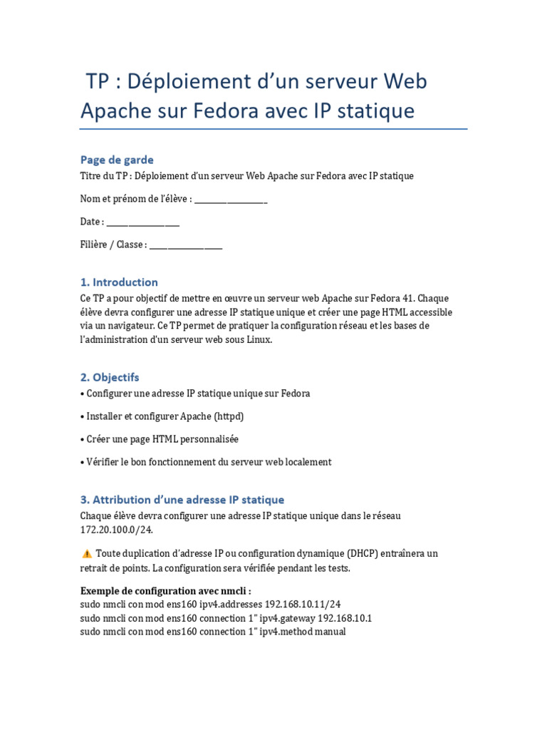 Serveur Web Apache sur Fedora avec IP Statique | PDF