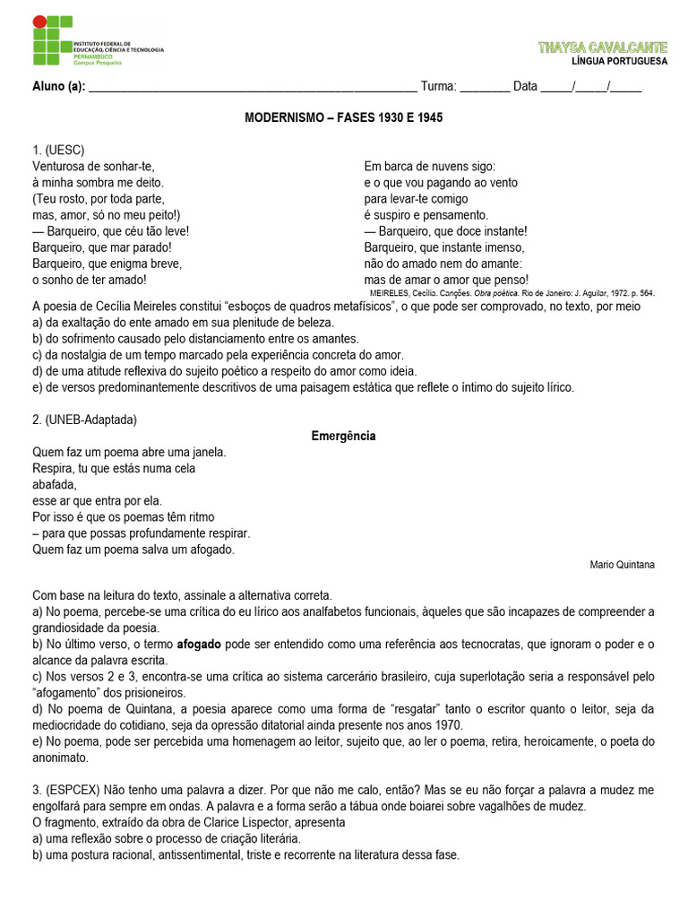 Exercícios - Modernismo de 30 e 45 | PDF | Brasil | Amor