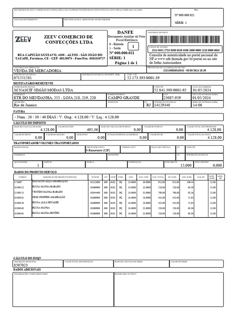 Nota Fiscal Eletrônica: Venda de Moda | PDF | Recibo | Contabilidade