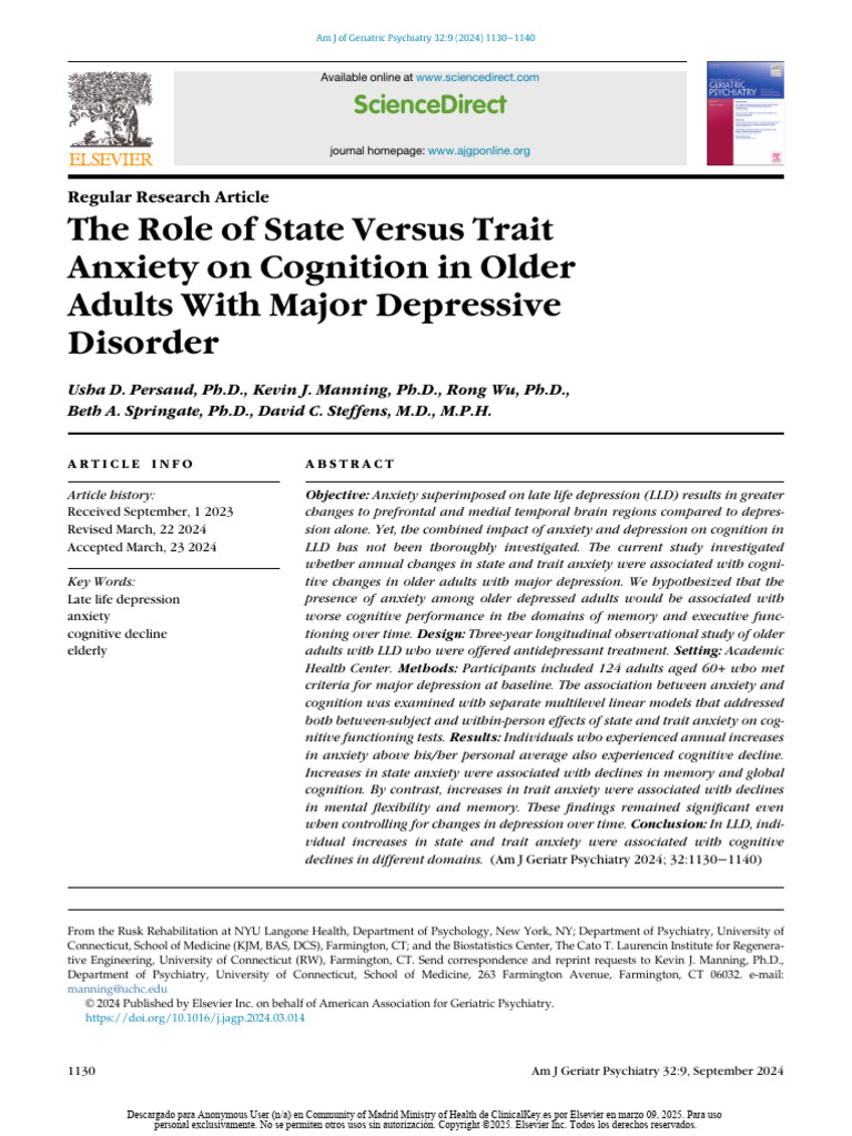 The Role of State Versus Trait Anxiety On Cognition in Older Adults ...
