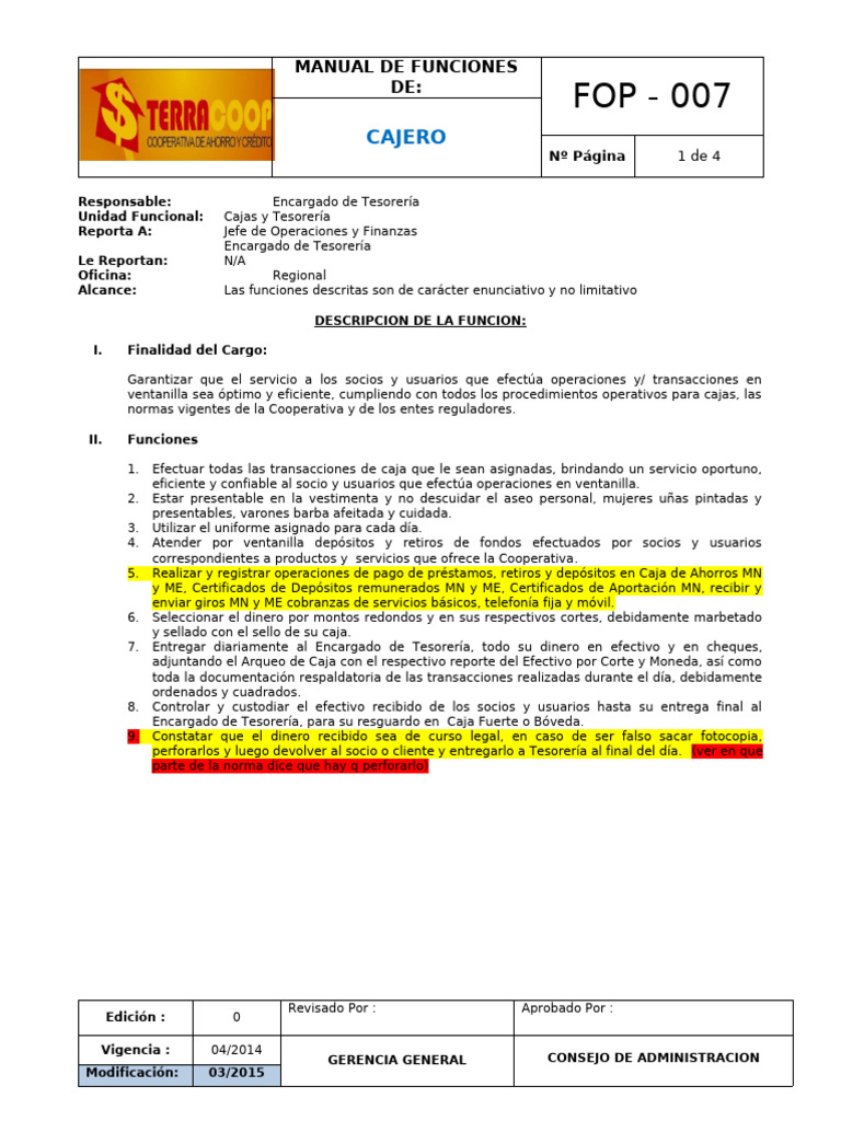 Manual de Funciones del Cajero | PDF | Dinero | Auditoría