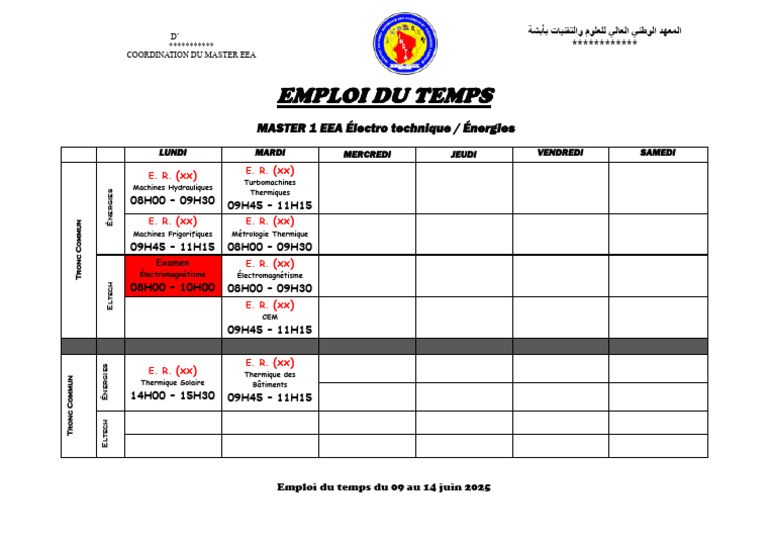 Emploi du temps Master 1 EEA 2025 | PDF