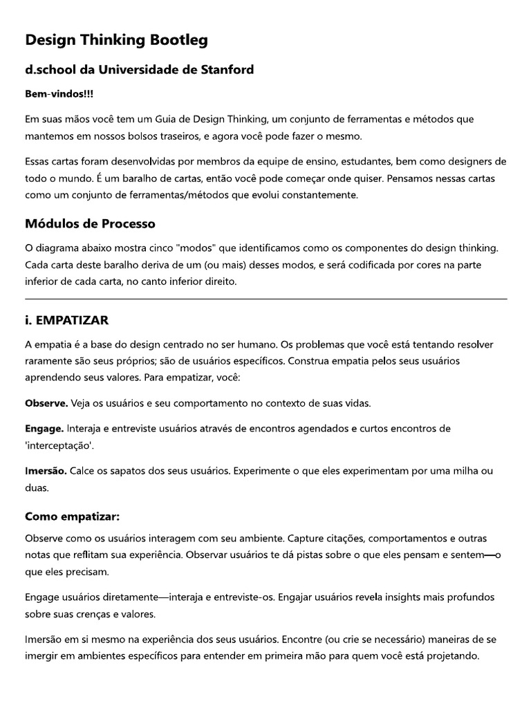 Traduzido D.school Stanford, Design Thinking Bootleg, 2018. | PDF