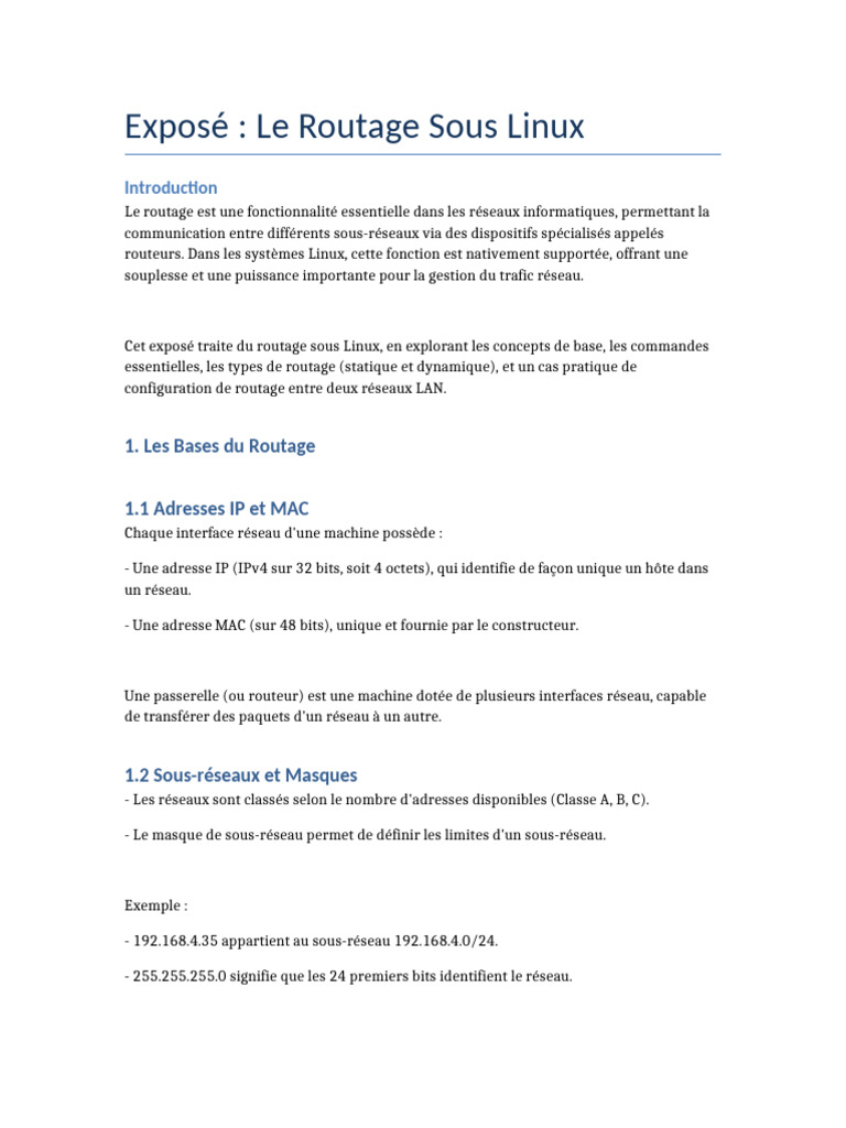 Routage et Commandes Sous Linux | PDF | Adresse IP | Routage