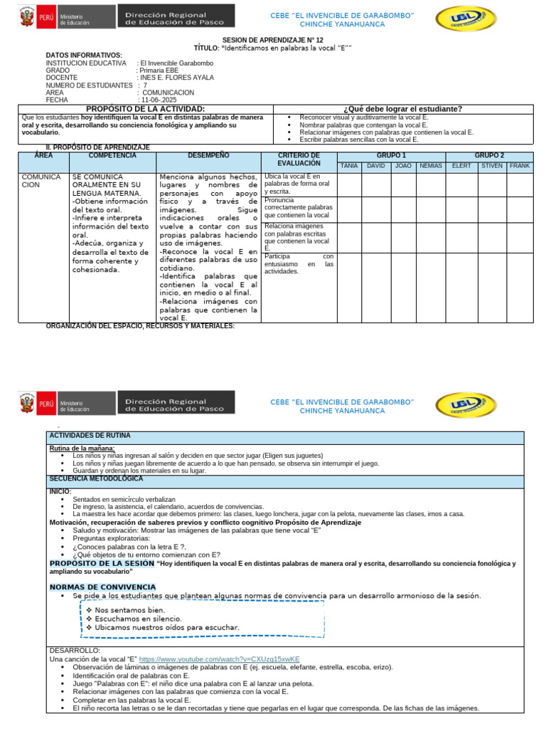Identificación de la Vocal E en Primaria | PDF | Vocal | Aprendizaje