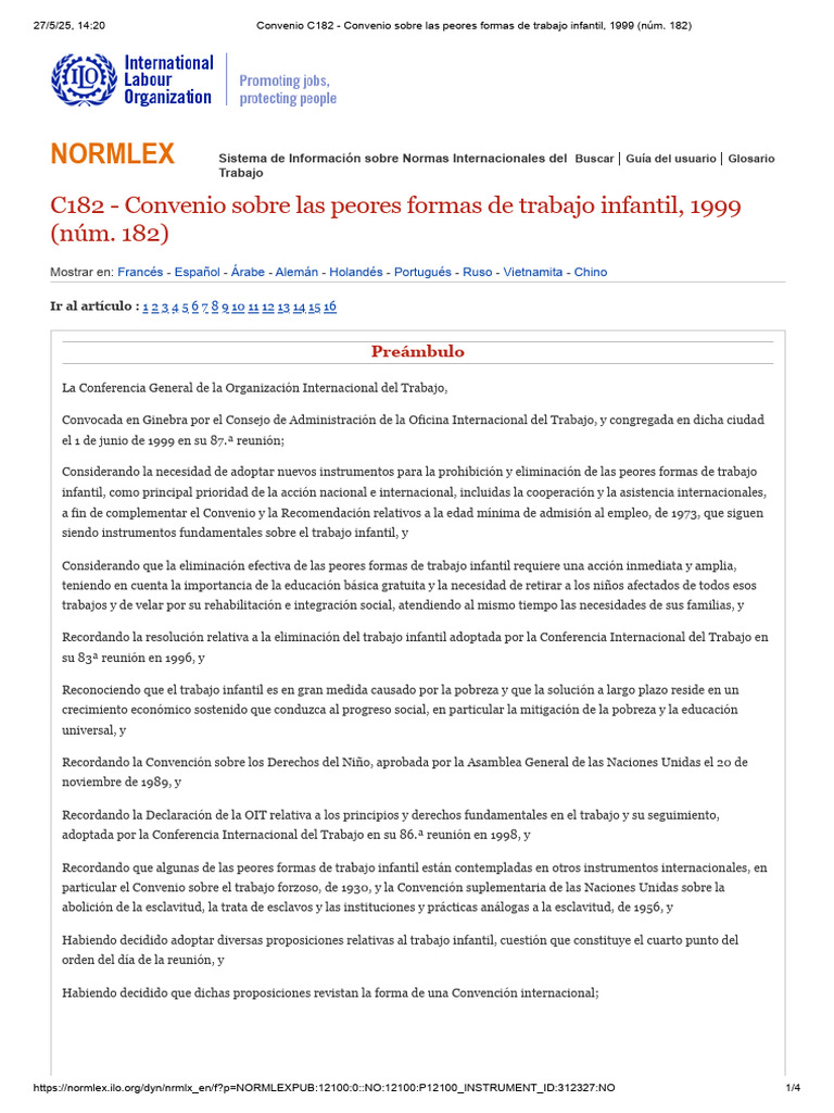 Convenio C182 - Convenio Sobre Las Peores Formas de Trabajo Infantil ...