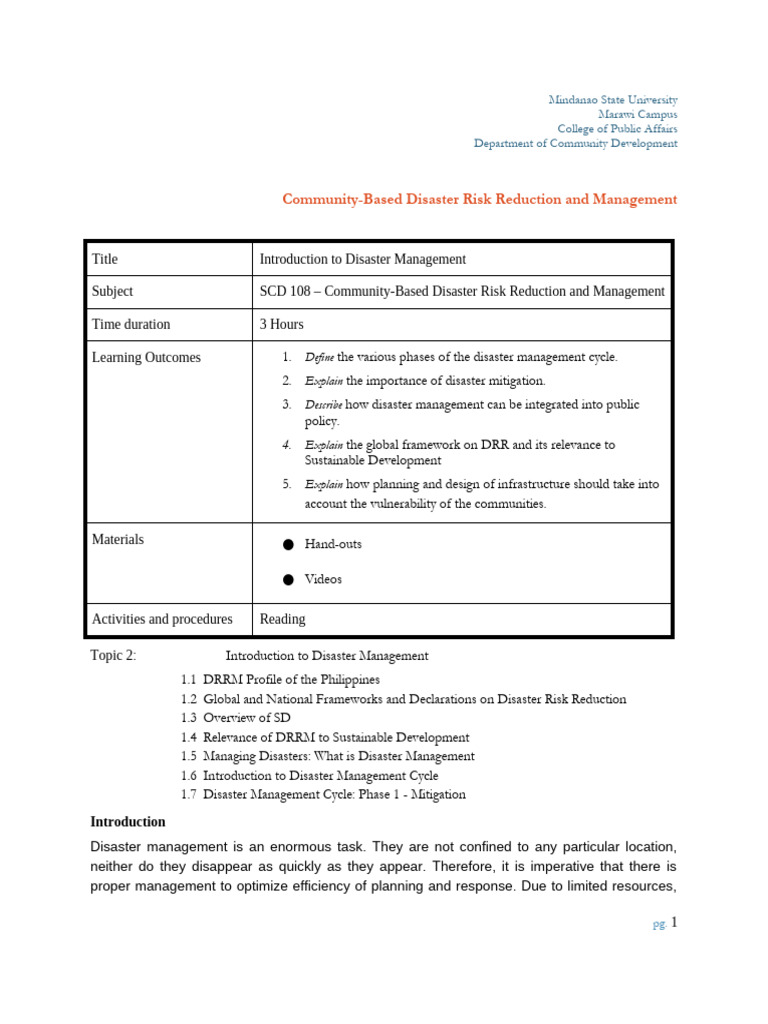 Introduction to Disaster Management Course | PDF | Disaster Risk ...