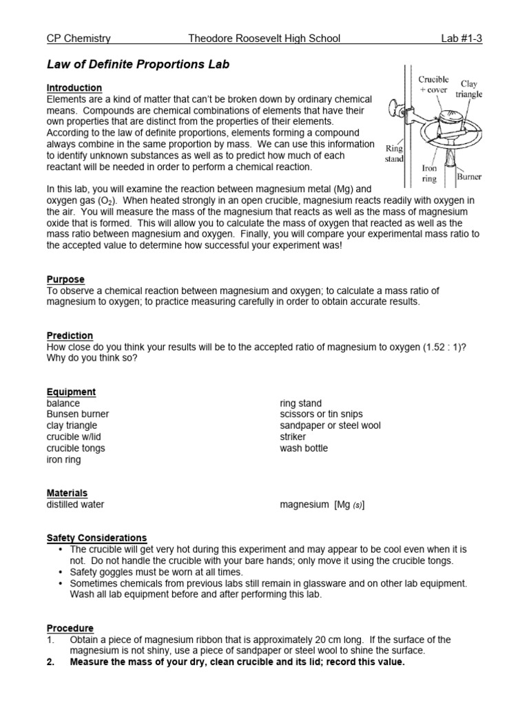 Law of Definite Proportions Lab Guide | PDF | Magnesium | Chemical ...