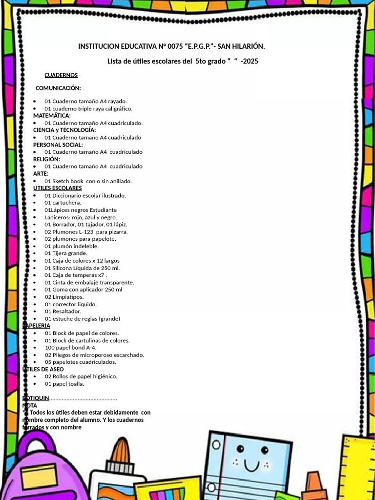 Lista de útiles 5to grado 2025 | PDF