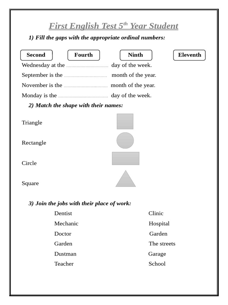 First English Test 5th Year Student | PDF