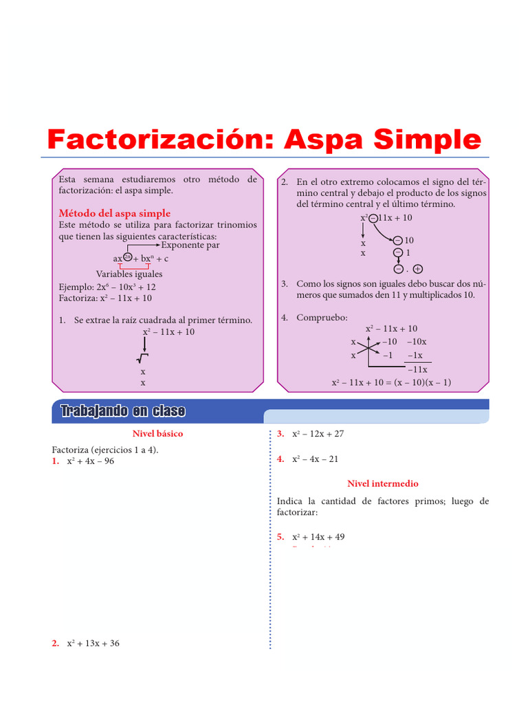 Factorización Por Aspa Simple para Sexto de Primaria | PDF ...