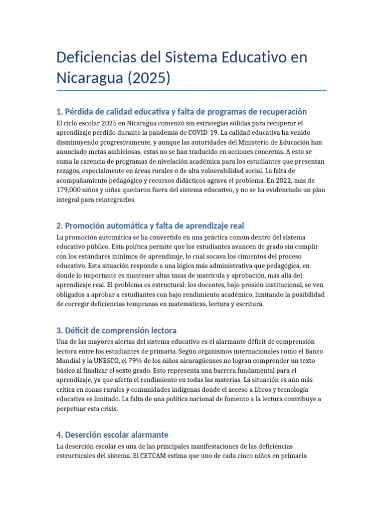 Deserción Escolar y Crisis Educativa en Nicaragua 2025 | PDF ...