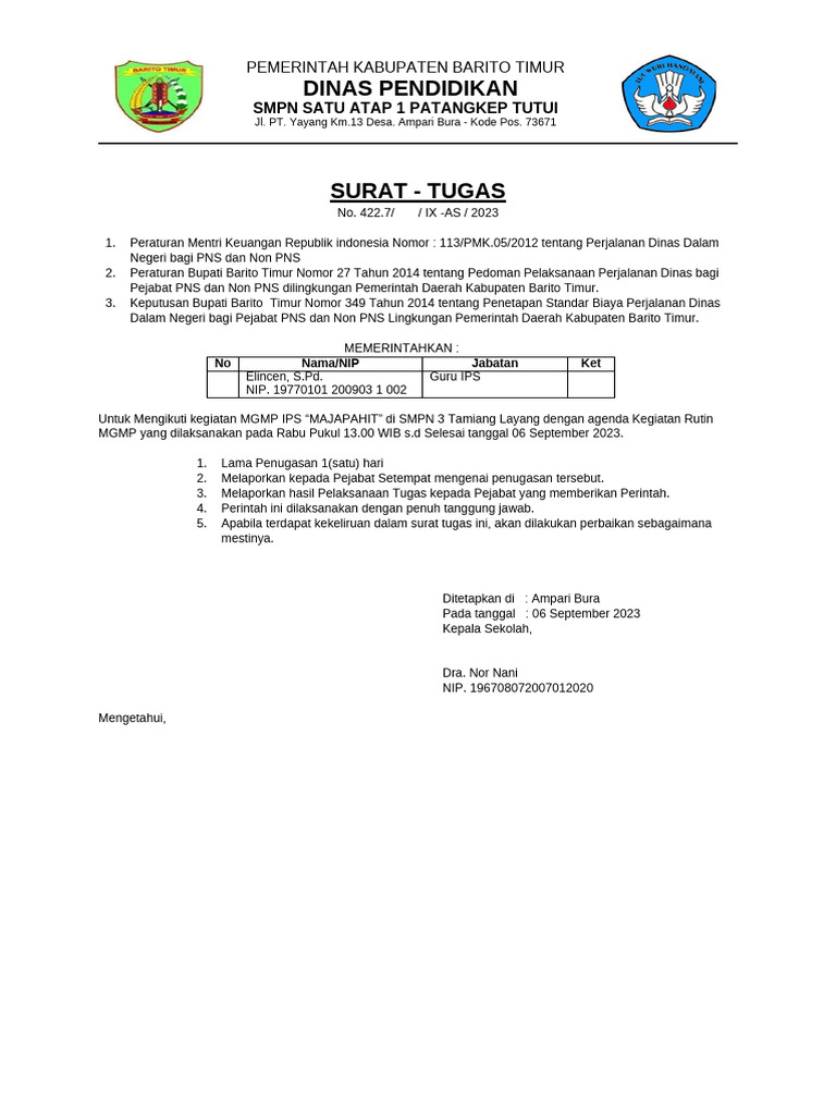 Surat Tugas MGMP IPS Barito Timur | PDF