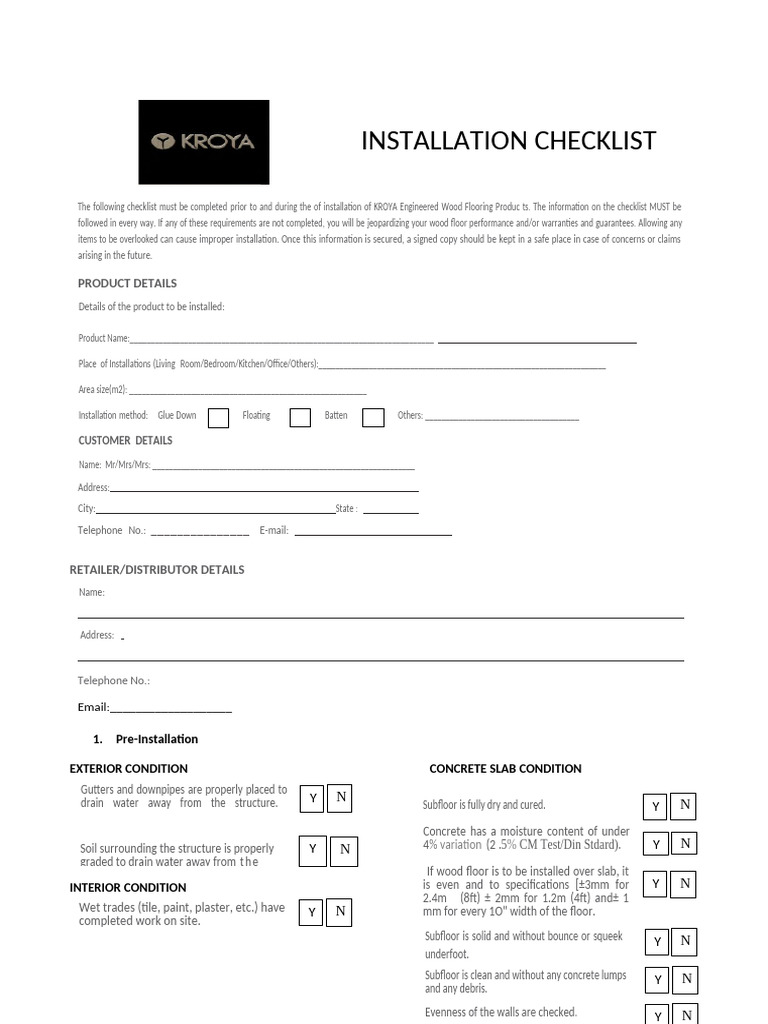 KROYA Wood Flooring Installation Checklist | PDF | Flooring | Concrete