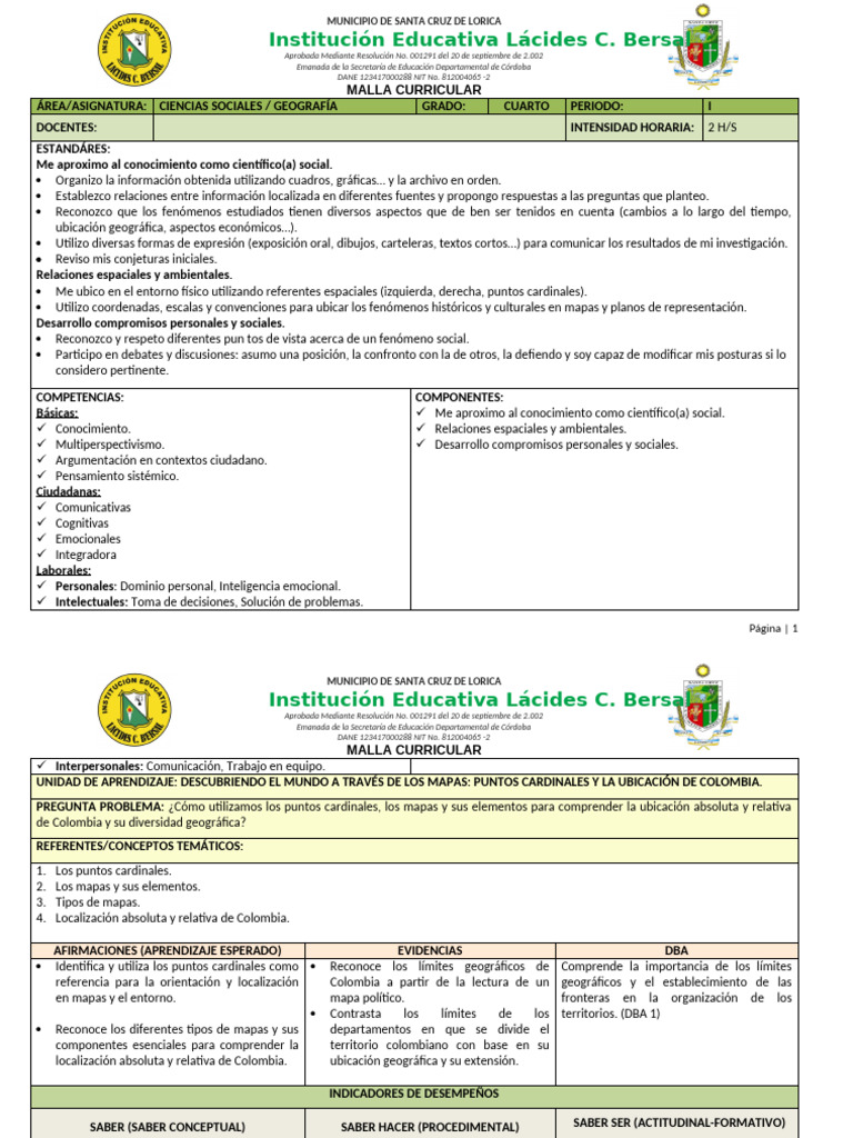 Malla Curricular Geografía Grado Cuarto | PDF | Evaluación | Aprendizaje