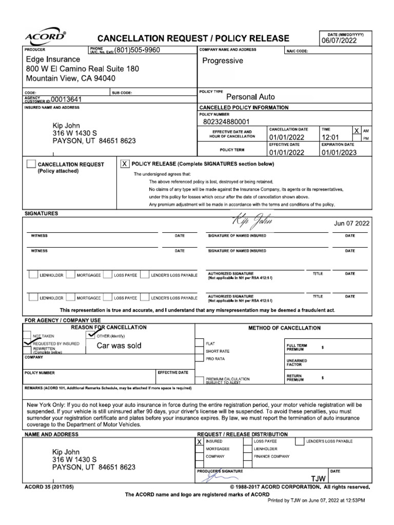 Sample Completed Cancellation Form | PDF