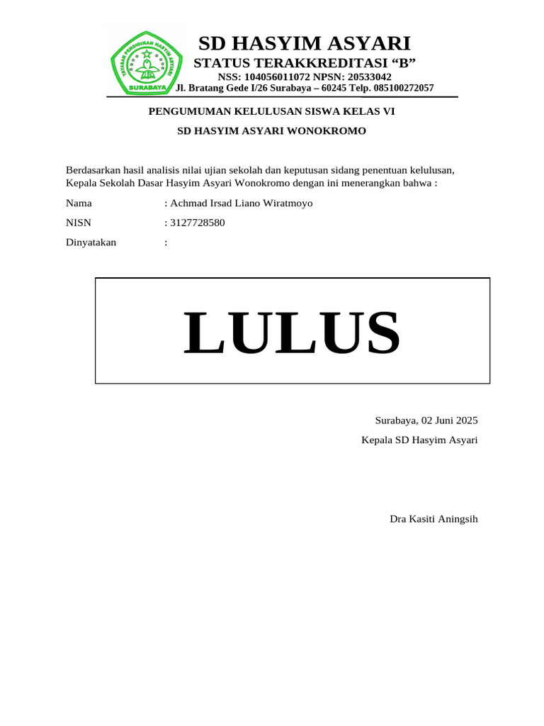 Pengumuman Kelulusan Kelas VI SD Hasyim Asyari | PDF
