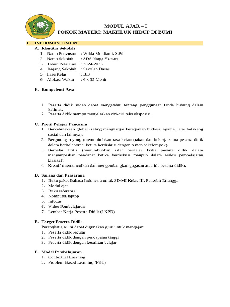 Modul Ajar BI Kelas 3 Bab. 1 TP. 3.1.2 3.1.3 | PDF