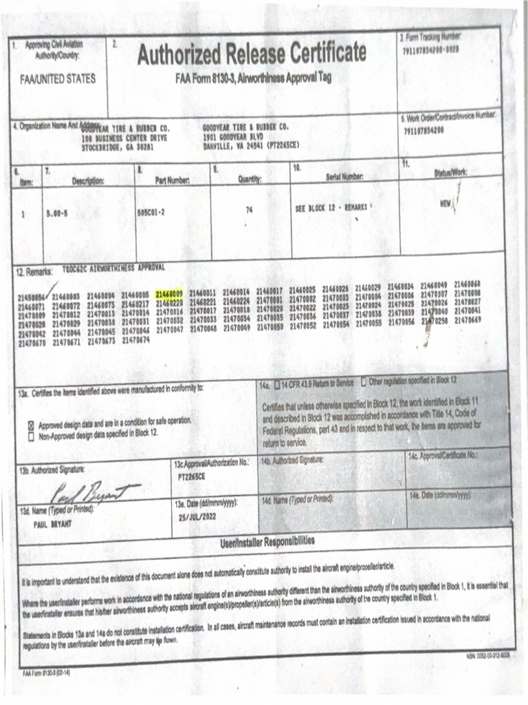 Faa Form 8130 PN 505C01-2 | PDF
