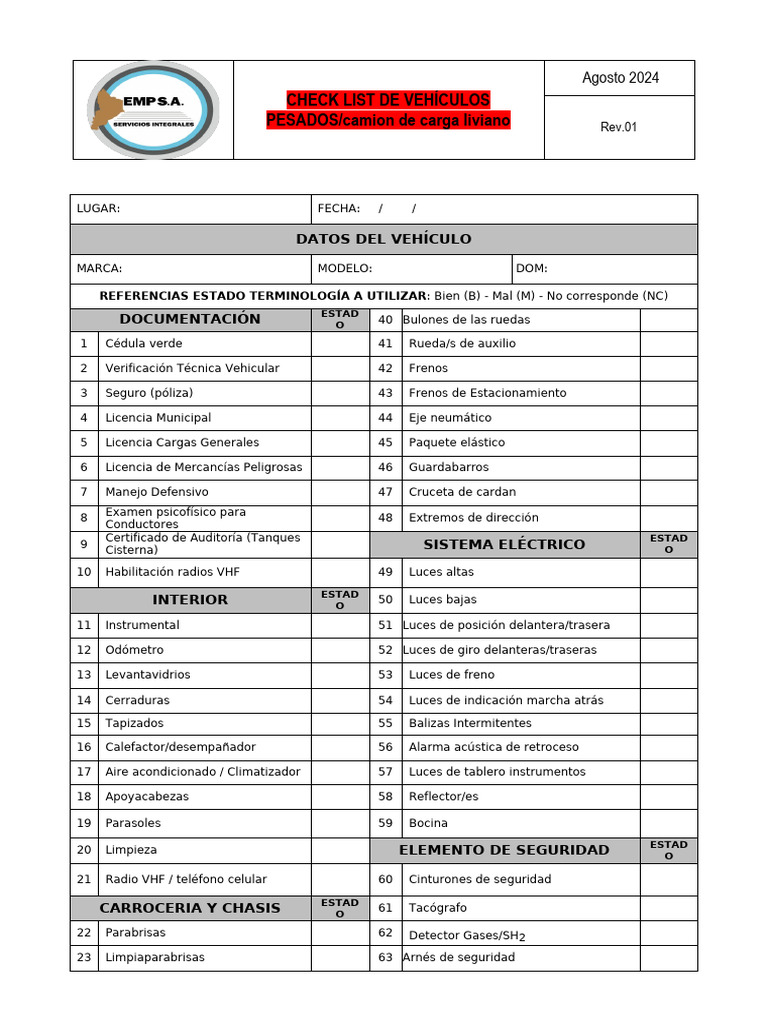 Check List Vehículos de Carga 2024 | PDF | Camión | Vehículo de motor