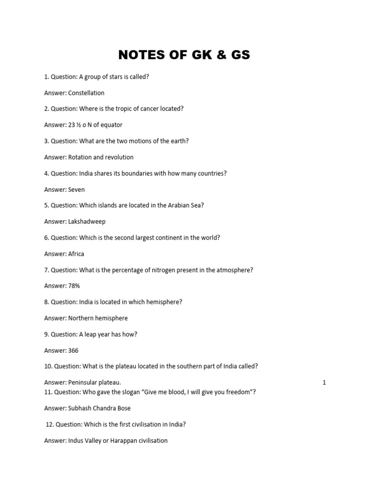 GK & GS Quiz Notes Summary | PDF