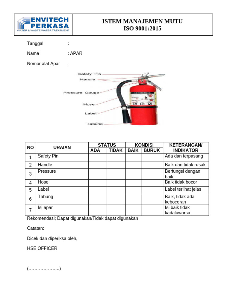 Form Checklist Inspeksi APAR | PDF