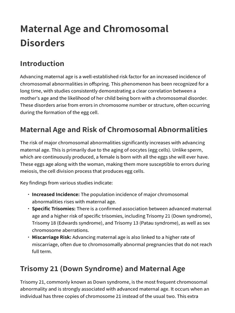 Maternal Age and Chromosomal Disorders PDF Down Syndrome Medical