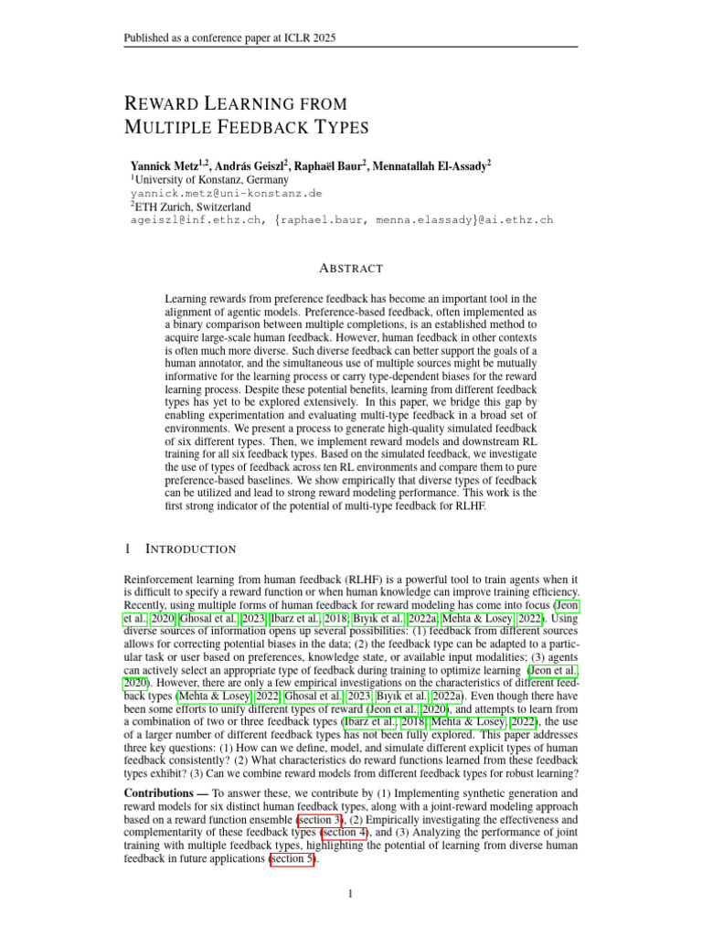Reward Learning From Muliple Feedback Types | PDF | Learning | Cognition