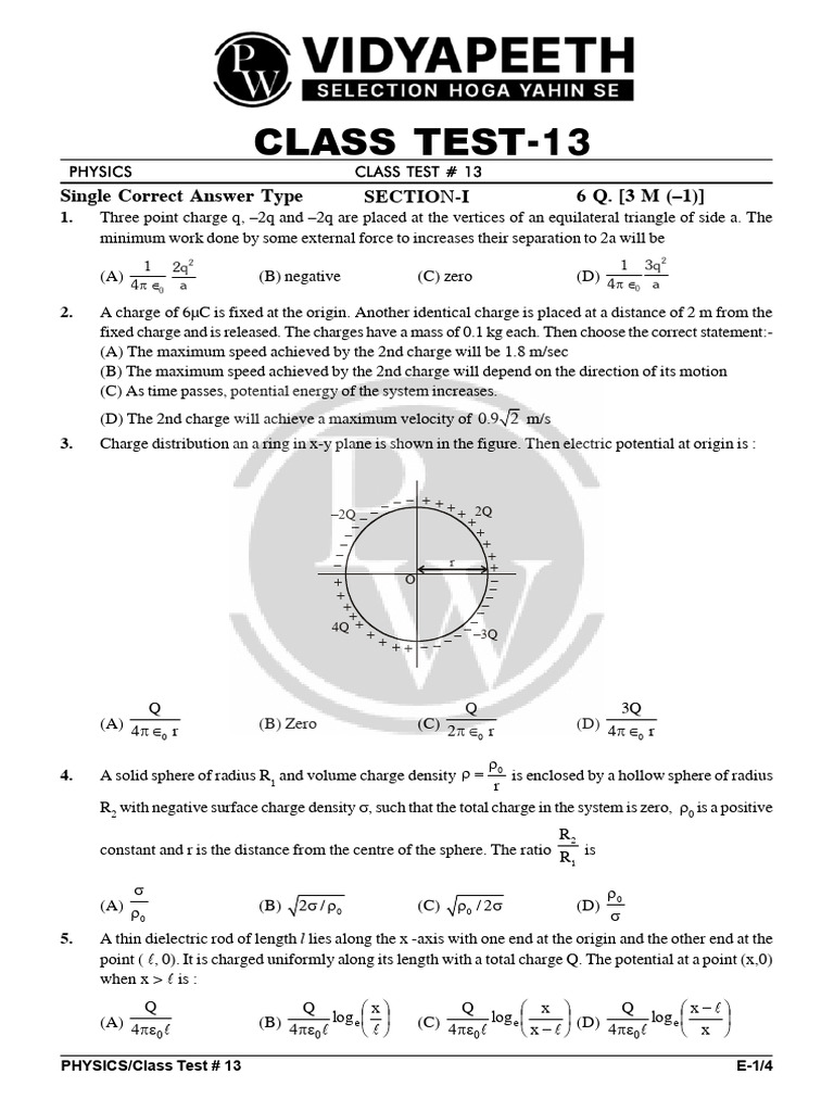 Class Test - Electrostatics | PDF | Electric Field | Mass