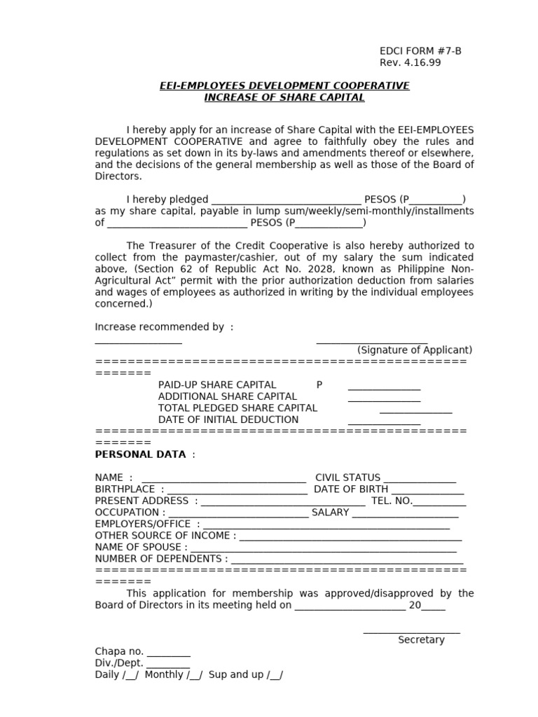 EEI Cooperative Share Capital Increase Form | PDF | Salary | Business