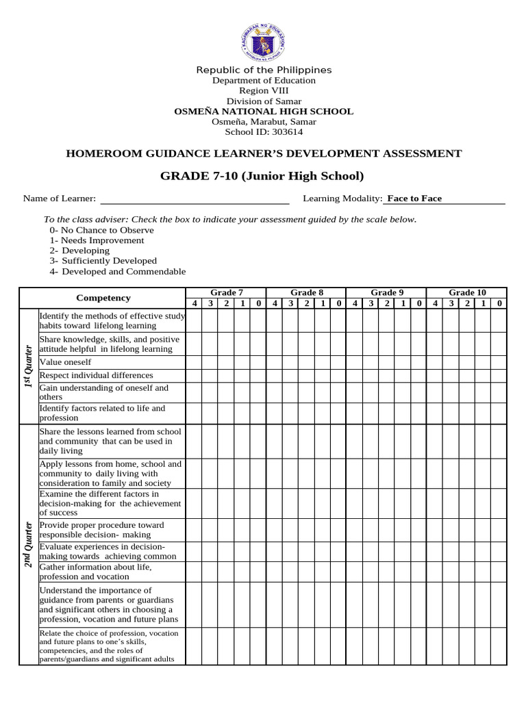 Homeroom Guidance Assessment Grades 7-10 | PDF | Learning | Cognitive ...
