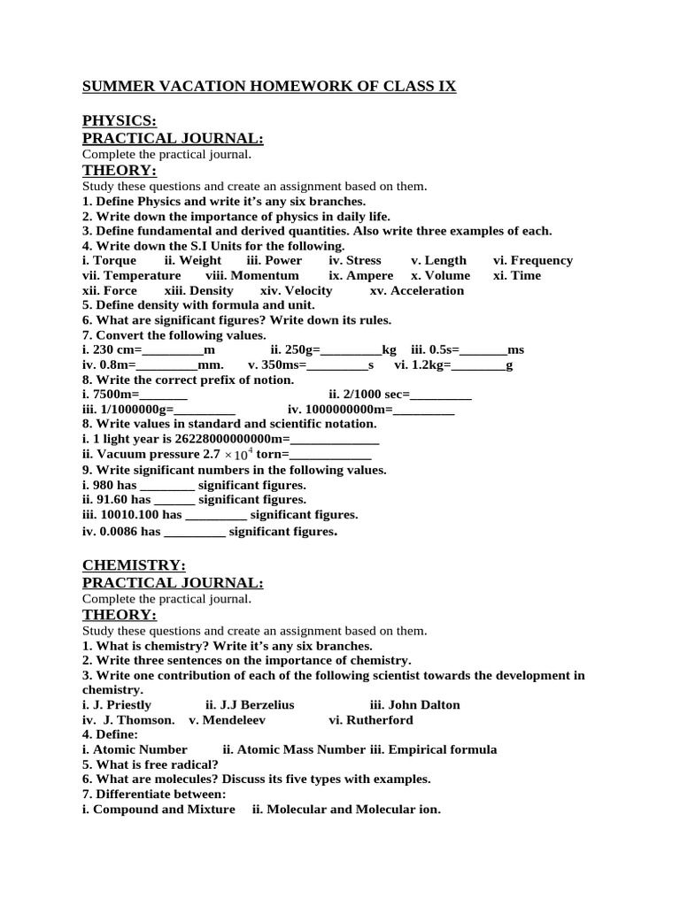 Summer Vacation Homework of Class Ix-1 | PDF