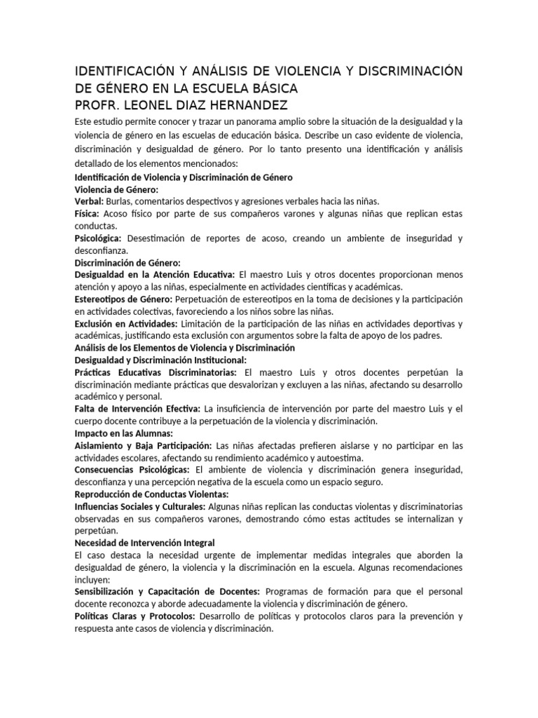Análisis de Violencia y Discriminación de Género en La Escuela Básica ...