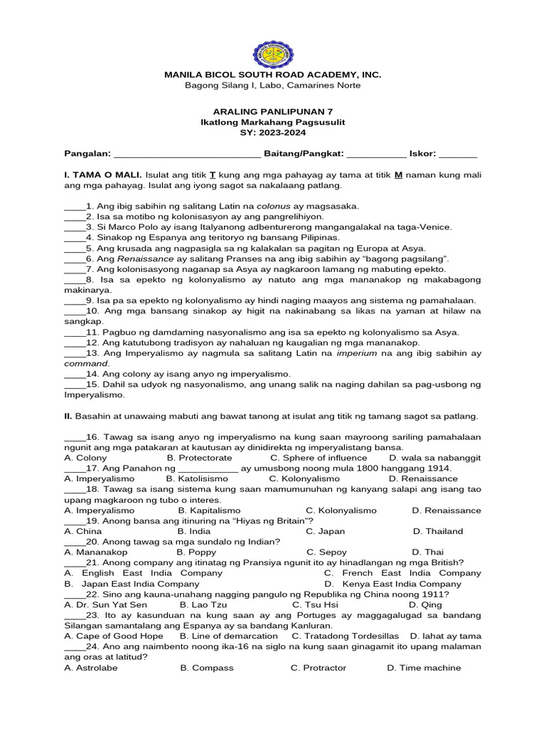 3rd Periodical Exam AP 7 2023 2024 | PDF