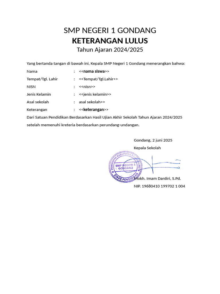Keterangan Lulus SMP Negeri 1 Gondang | PDF