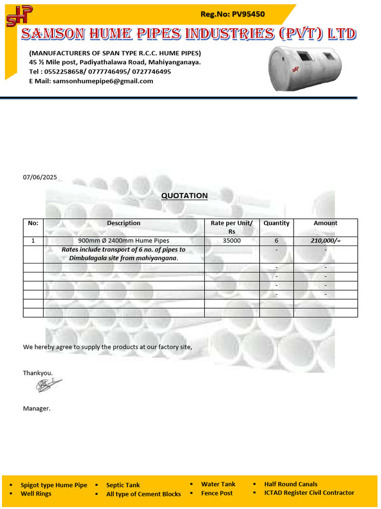 Hume Pipe Quotation for Dimbulagala | PDF