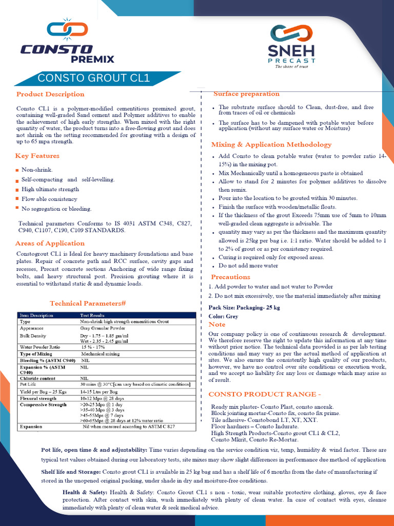 High-Strength Consto Grout CL1 Guide | PDF | Concrete | Building ...