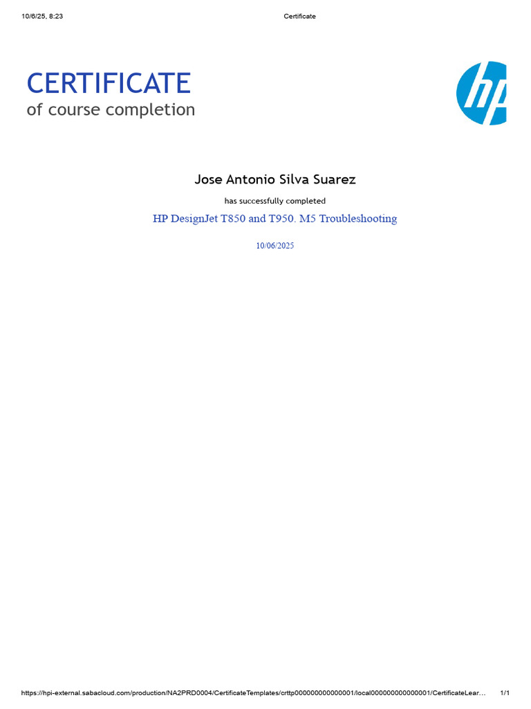 HP DesignJet T850/T950 Course Certificate | PDF