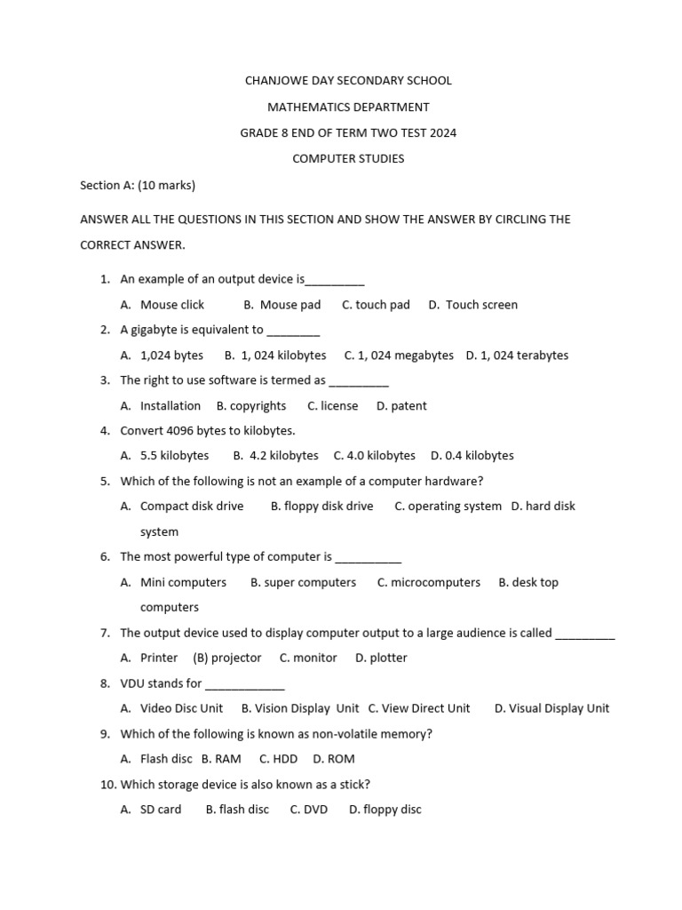 Grade 8 Computer Studies Test 2024 | PDF | Computer Data Storage ...